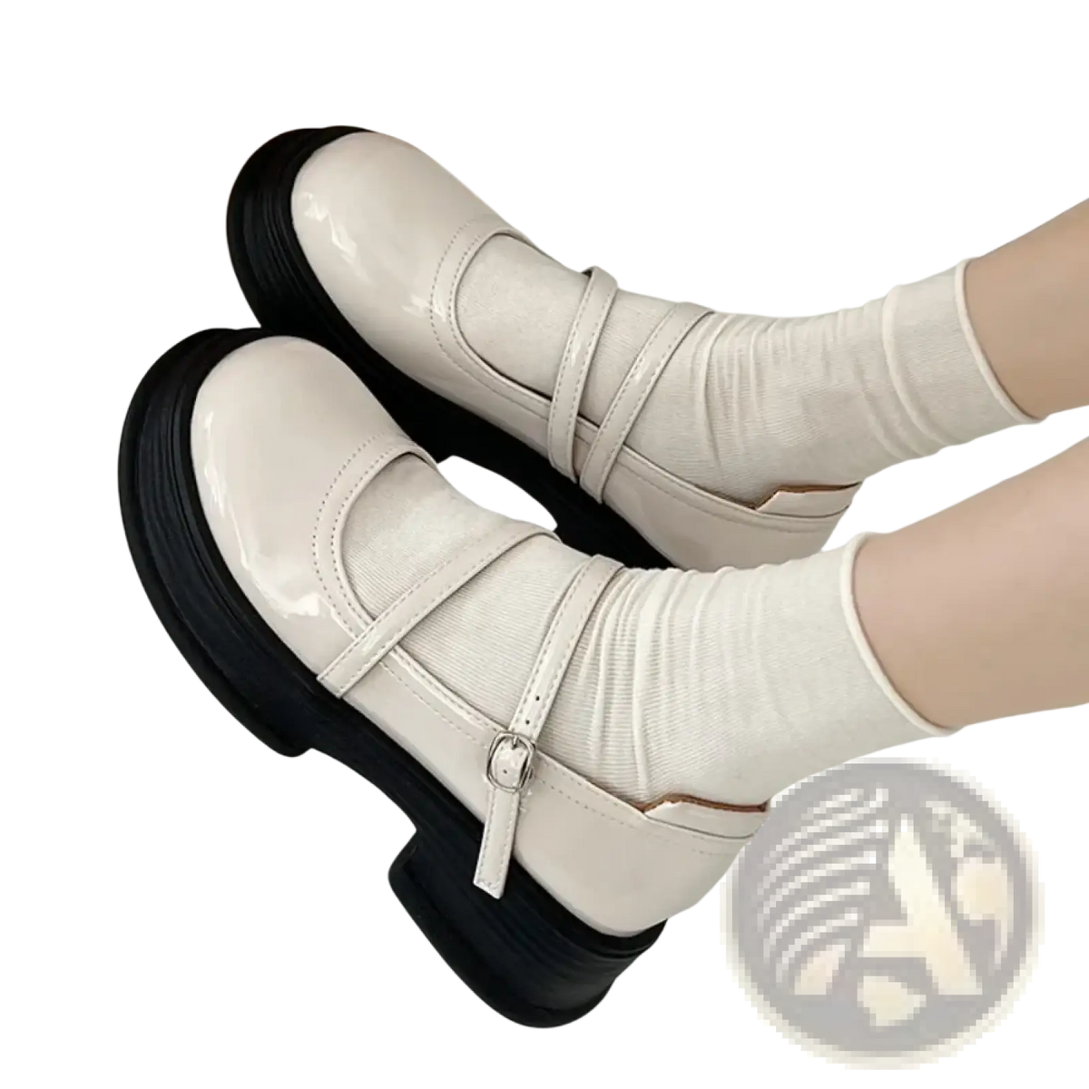 Cream-colored patent leather mary jane chunky platform shoes with black soles and adjustable straps