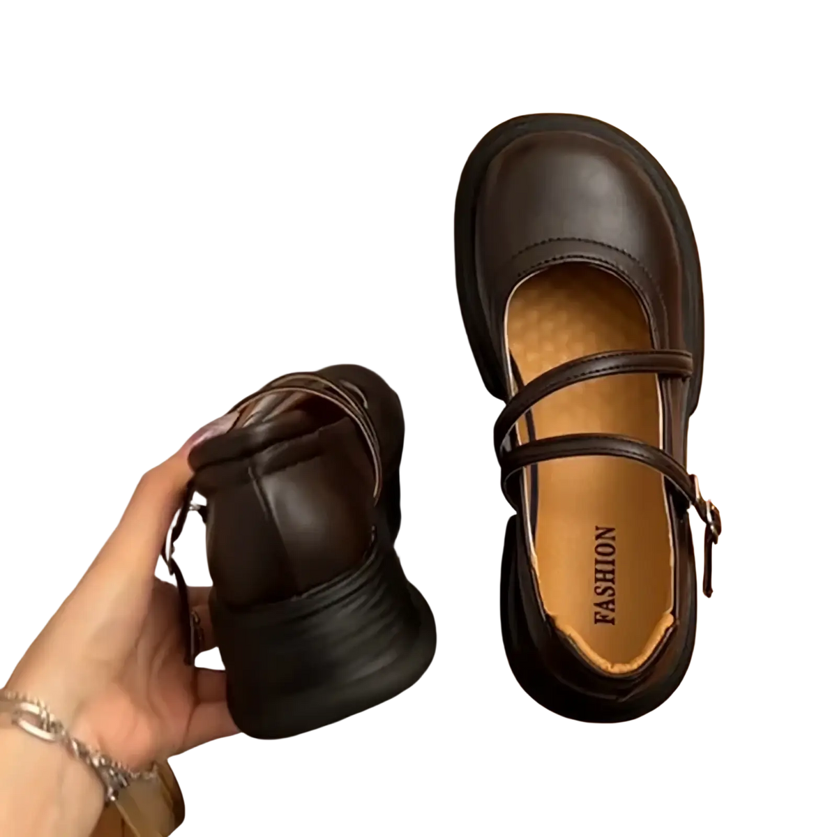 Dark brown leather mary jane chunky platform shoes with thick sole and adjustable ankle strap for stylish wear
