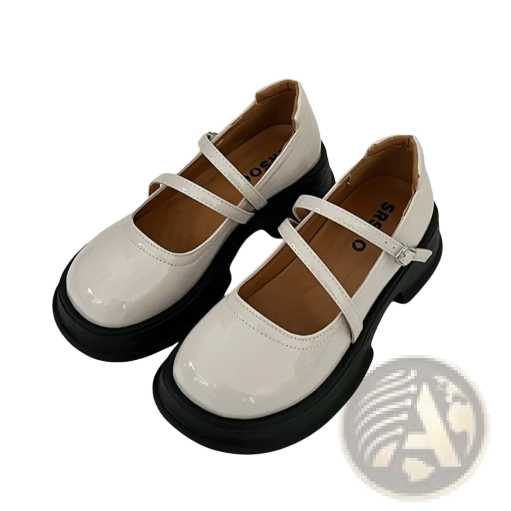 White patent leather mary jane chunky platform shoes with black soles and adjustable ankle straps