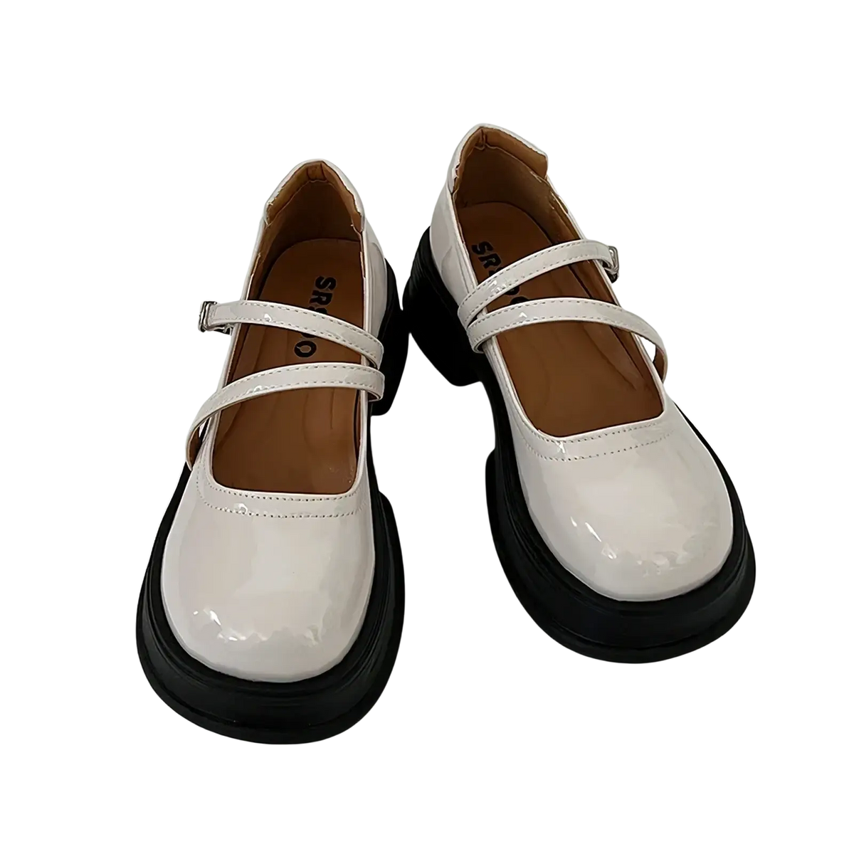 White patent leather mary jane chunky platform shoes with black soles and silver buckle straps