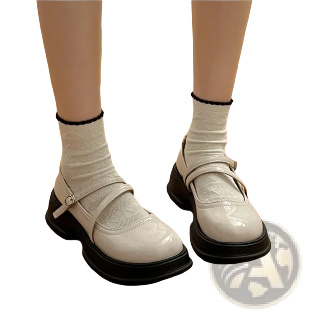 White patent leather mary jane chunky platform shoes with black soles and subtle embossed pattern
