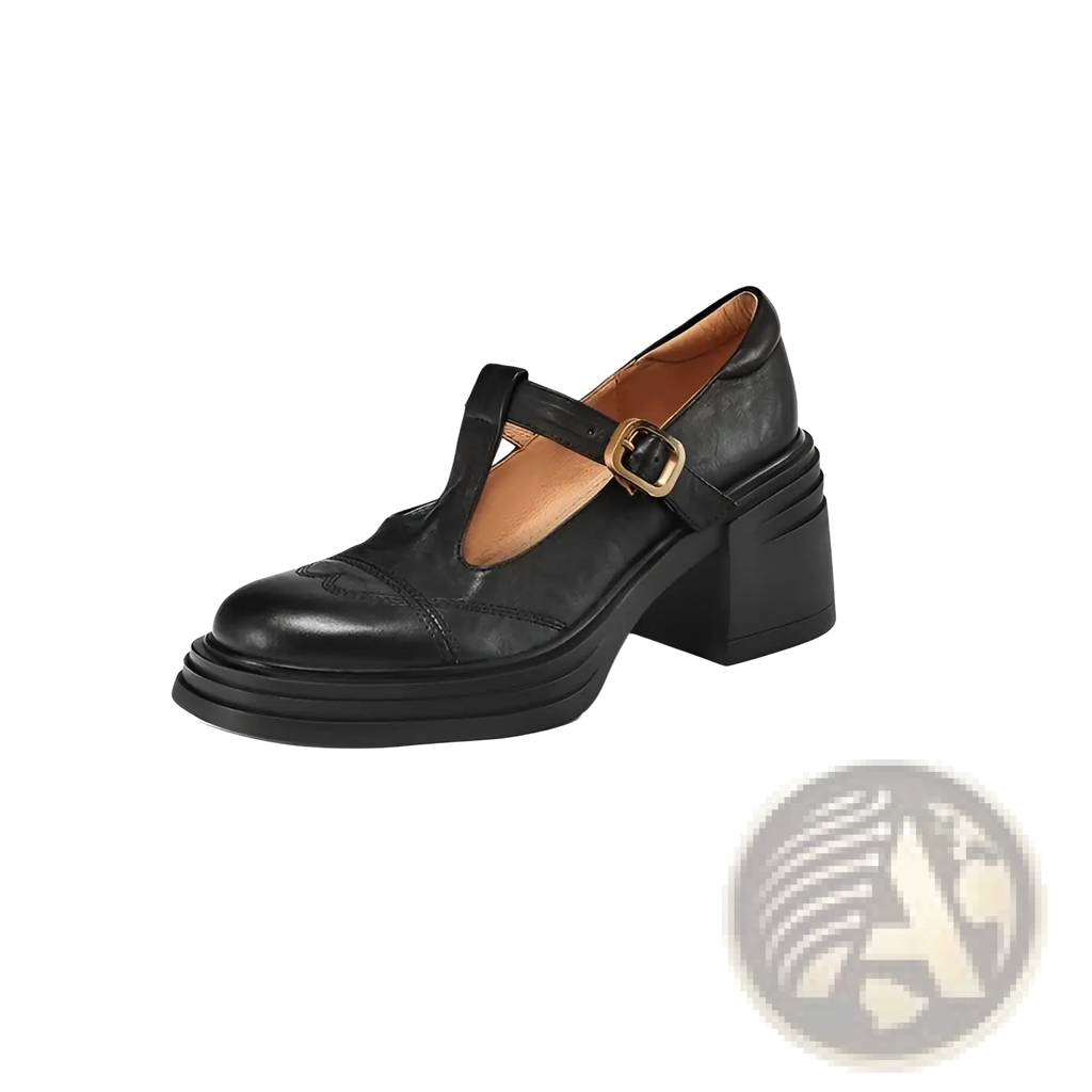 Black leather mary jane shoe with chunky block heel and gold-toned buckle platform pumps visible from the back side