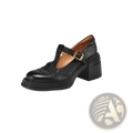 Black leather mary jane shoe with chunky block heel and gold-toned buckle platform pumps visible from the back side