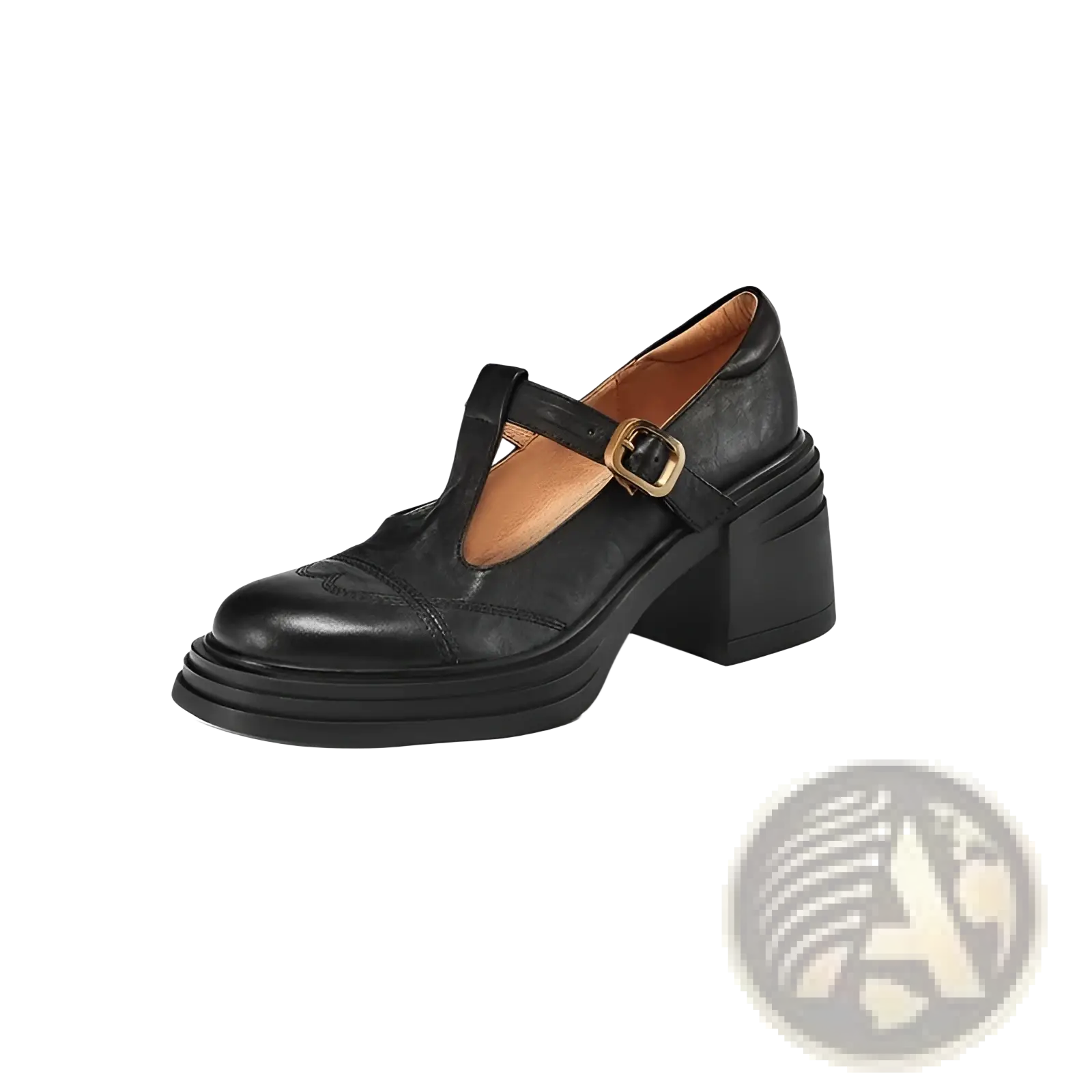 Black leather mary jane shoe with chunky block heel and gold-toned buckle platform pumps visible from the back side