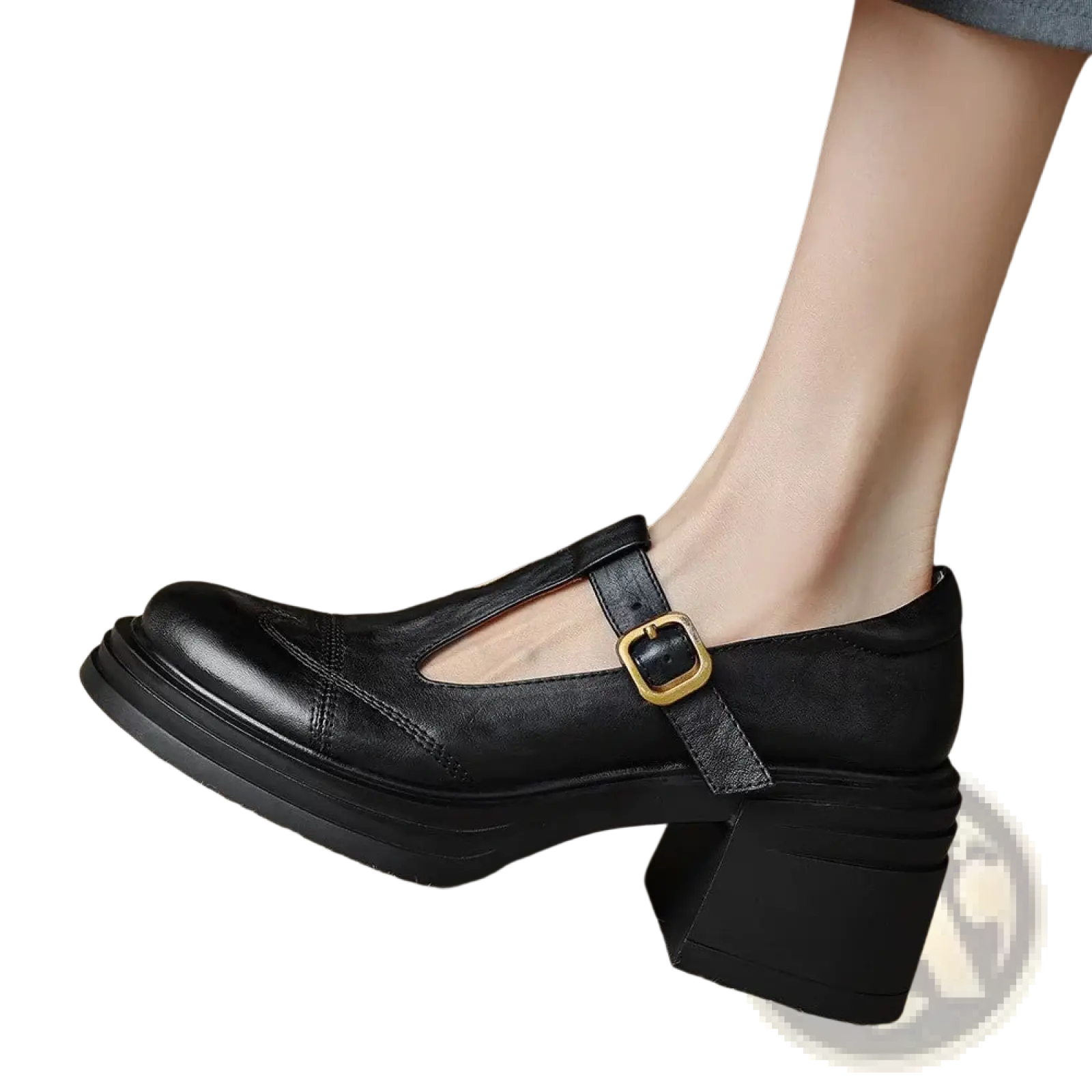Black leather mary jane shoes with chunky block heel and gold-tone buckle for stylish platform pumps