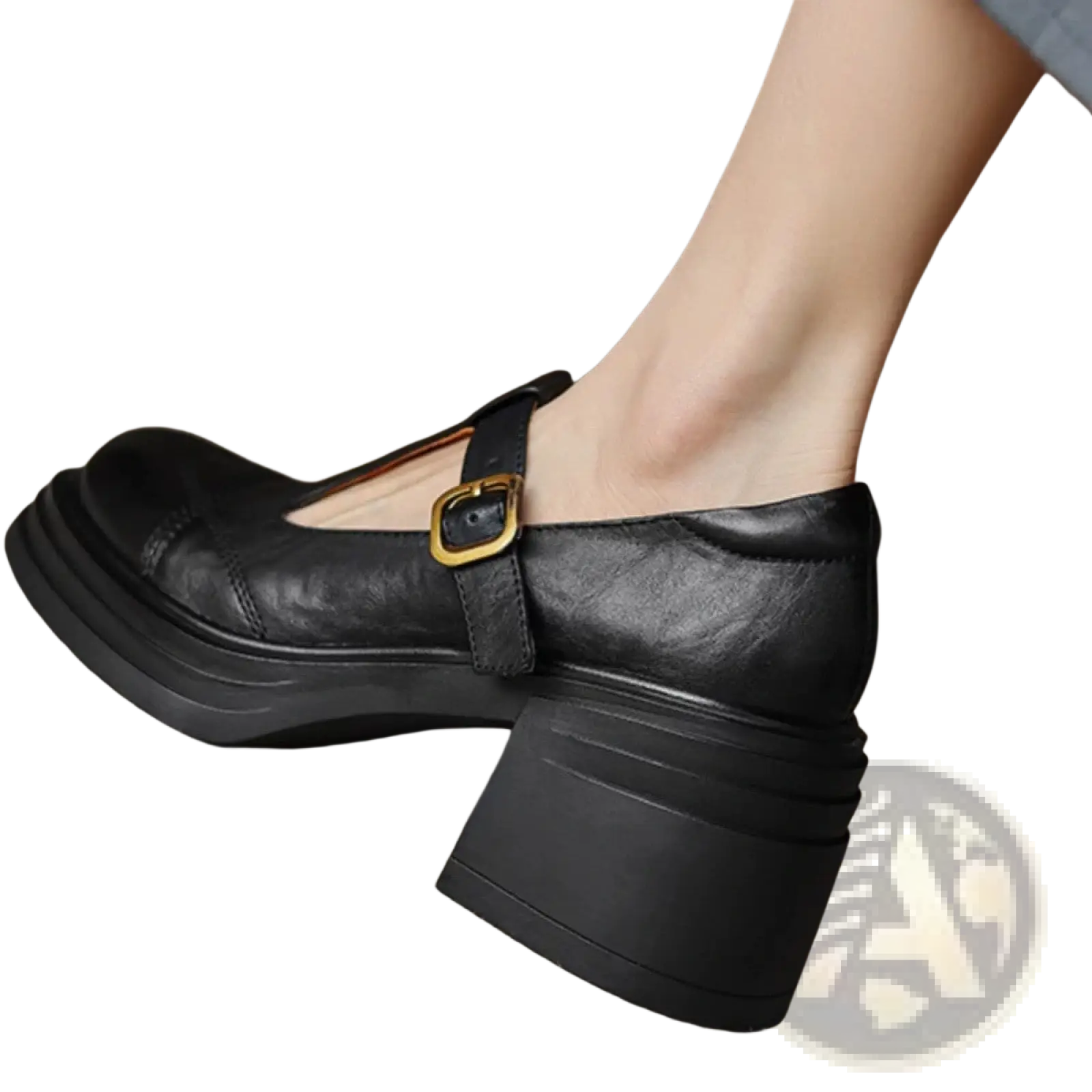 Black leather mary jane shoe with a chunky platform heel and gold toned buckle for stylish formal wear