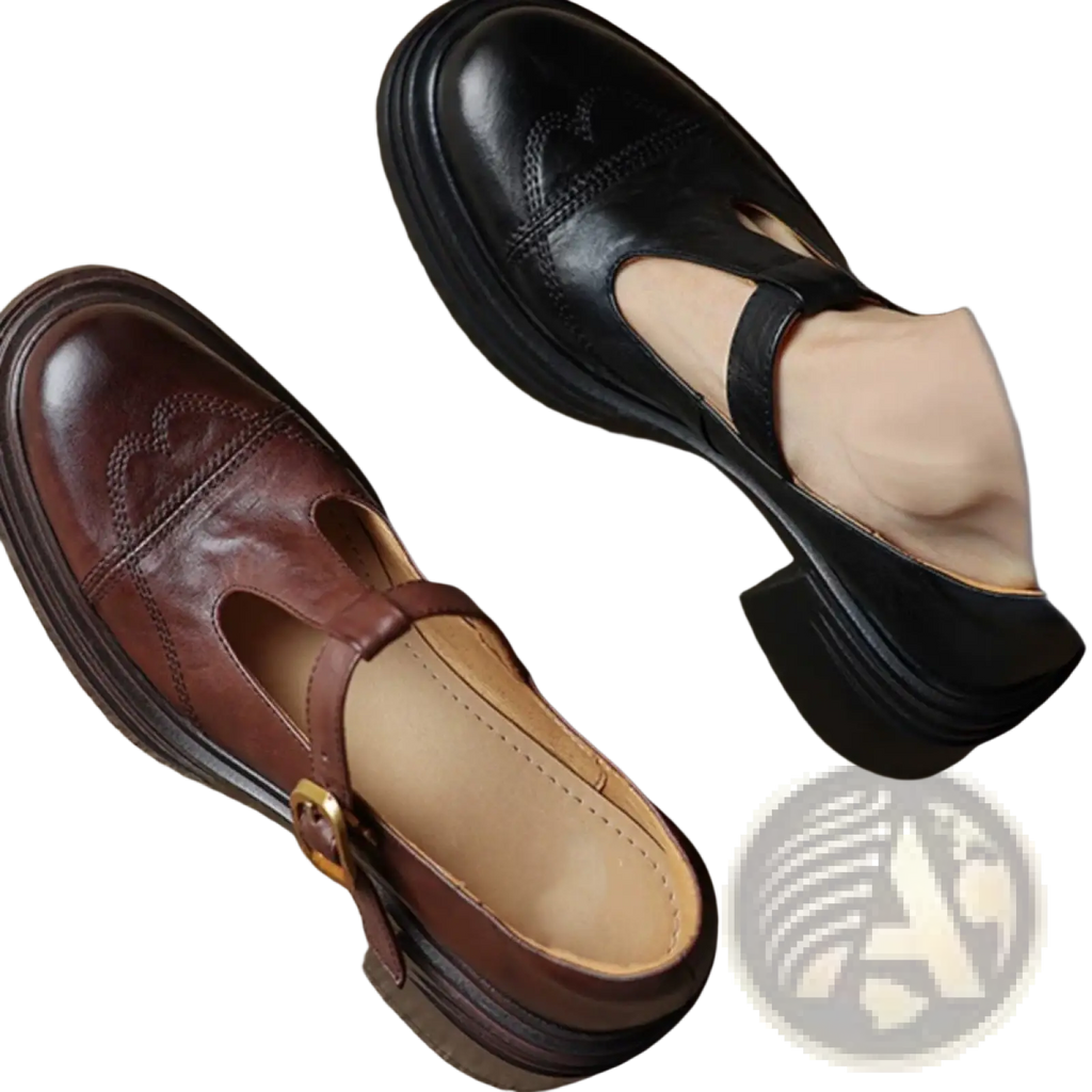 A pair of brown and black leather mary jane shoes with chunky heels, decorative stitching, and gold-tone buckle accents