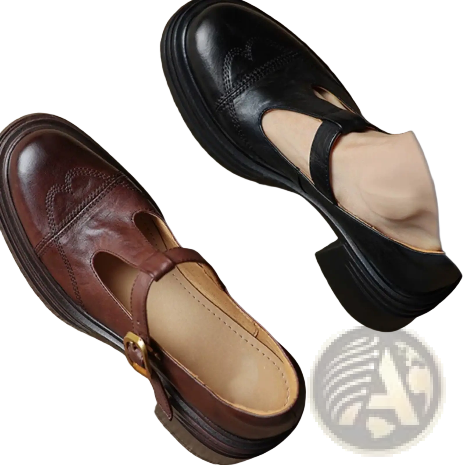 A pair of brown and black leather mary jane shoes with chunky heels, decorative stitching, and gold-tone buckle accents