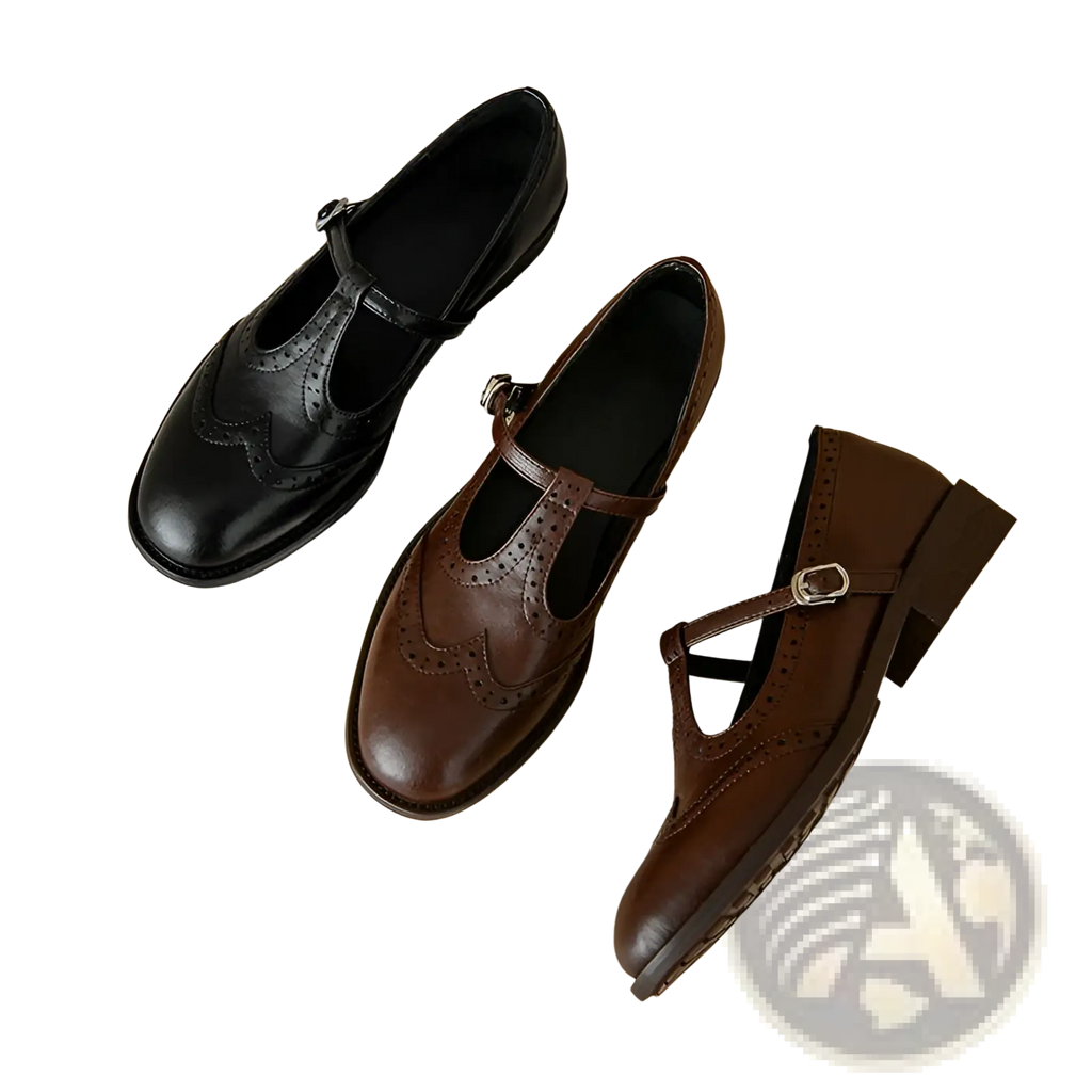 Black and brown leather mary jane shoes with t-strap buckle and decorative brogue detailing in retro style