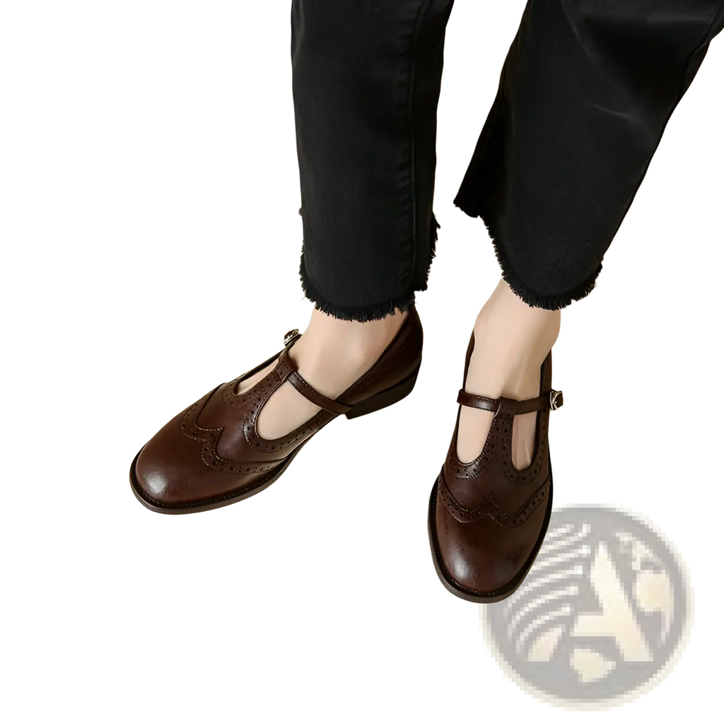 Brown leather mary jane shoes with t-strap and brogue detailing featuring a low heel in retro style