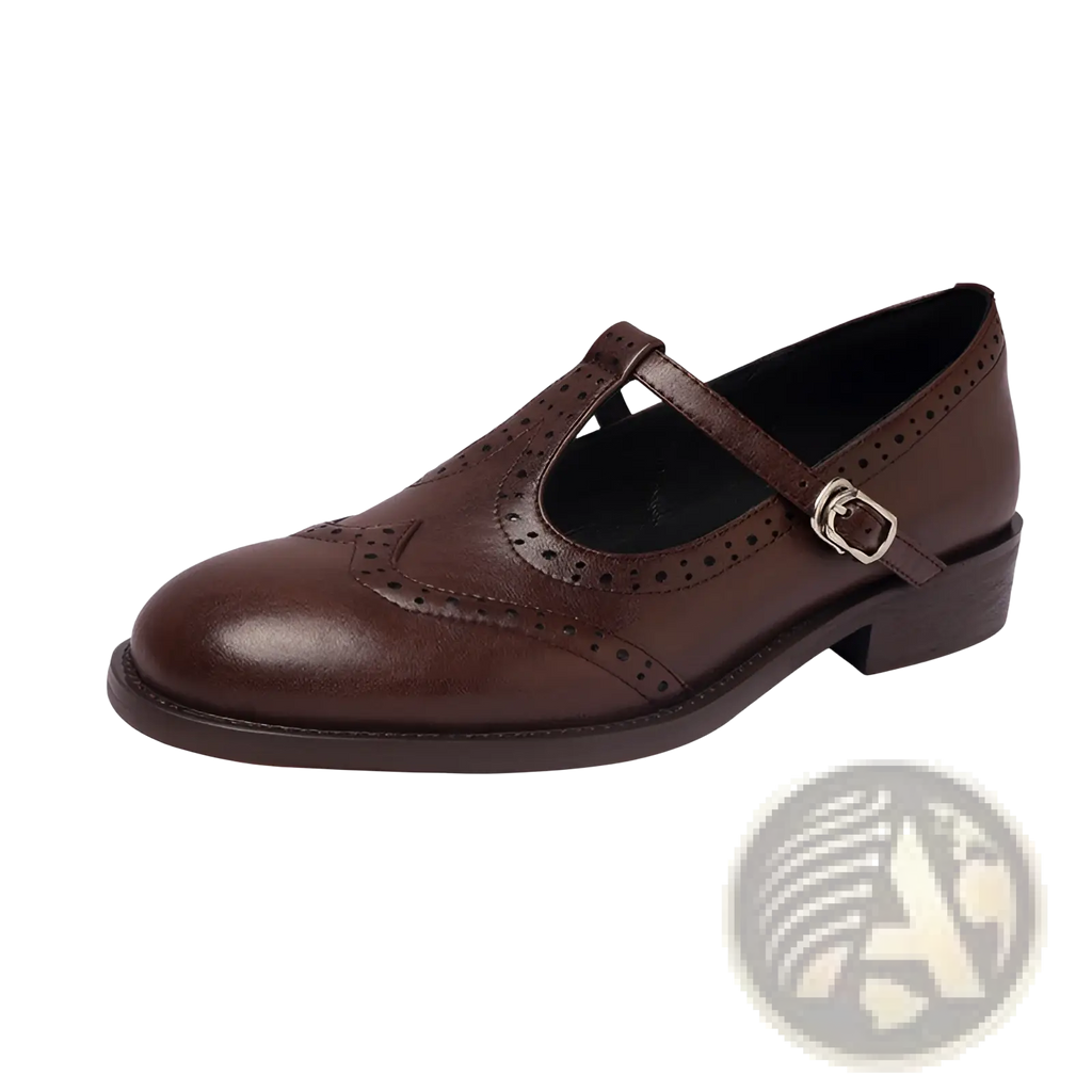 Brown leather mary jane shoe with t strap and decorative perforations in retro brogue style