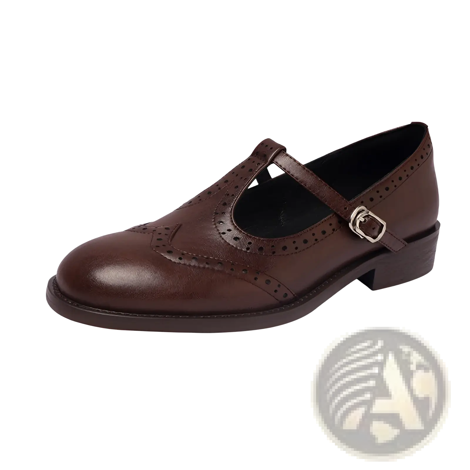 Brown leather mary jane shoe with t strap and decorative perforations in retro brogue style