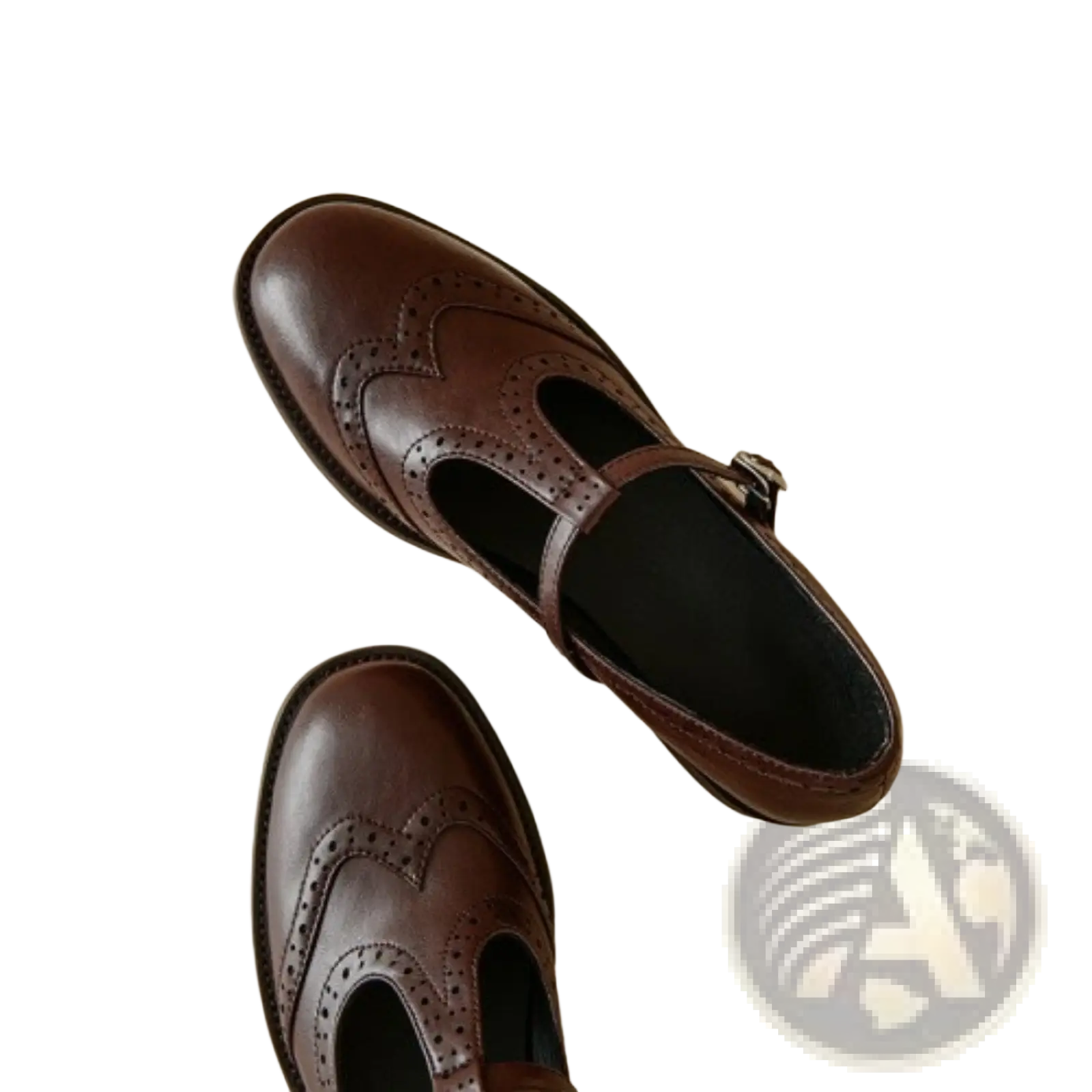 Brown leather mary jane shoes with velvet lining and decorative brogue detailing in retro t strap style