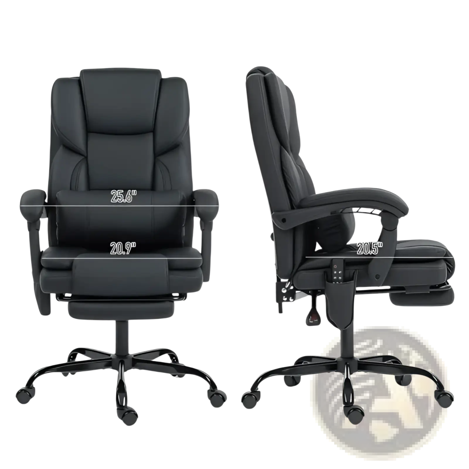 Black leather massage office chair with high back, adjustable lumbar support, and extendable footrest for comfort