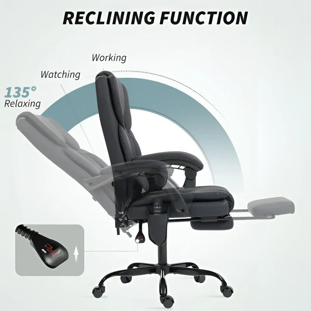 Black massage office chair with high back, padded armrests, footrest, and sleek modern design for comfort