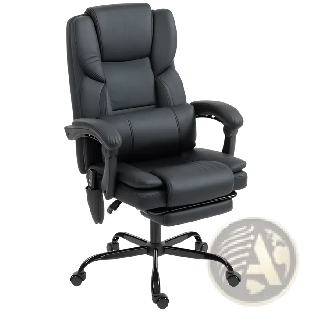Black leather massage office chair with high back, armrests, and footrest for ergonomic comfort