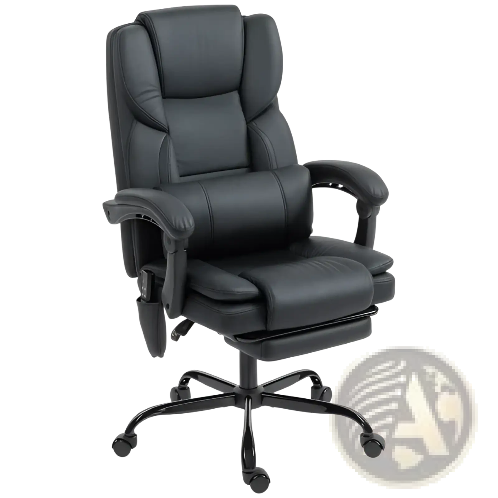 Black leather massage office chair with high back, armrests, and footrest for ergonomic comfort