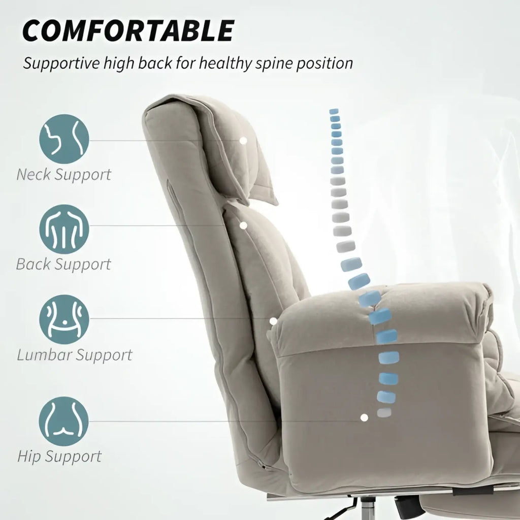 Beige upholstered massage office chair with footrest and recliner featuring segmented cushioning for targeted support