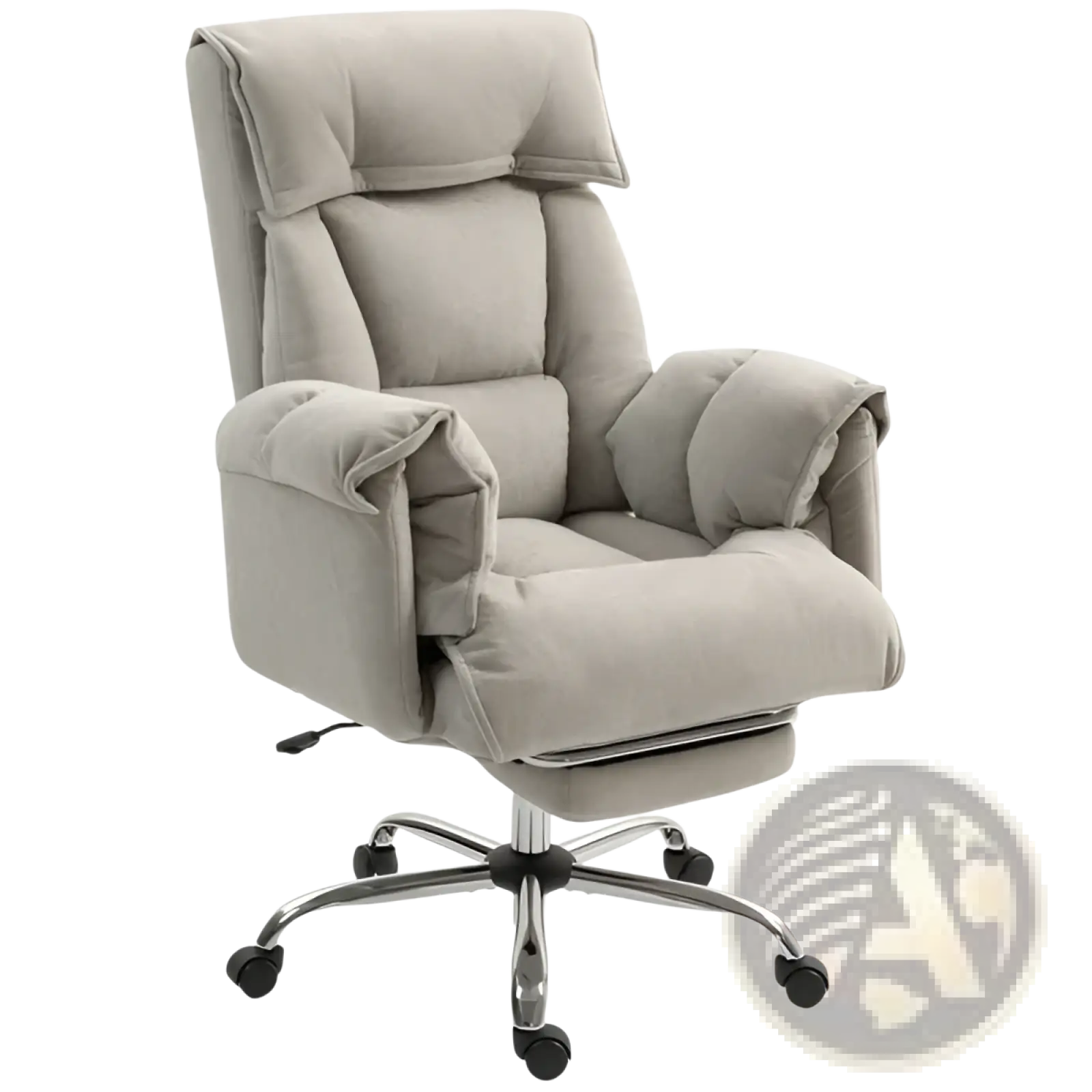 Beige upholstered massage office chair with padded armrests, chrome five-star base, footrest, and recliner function