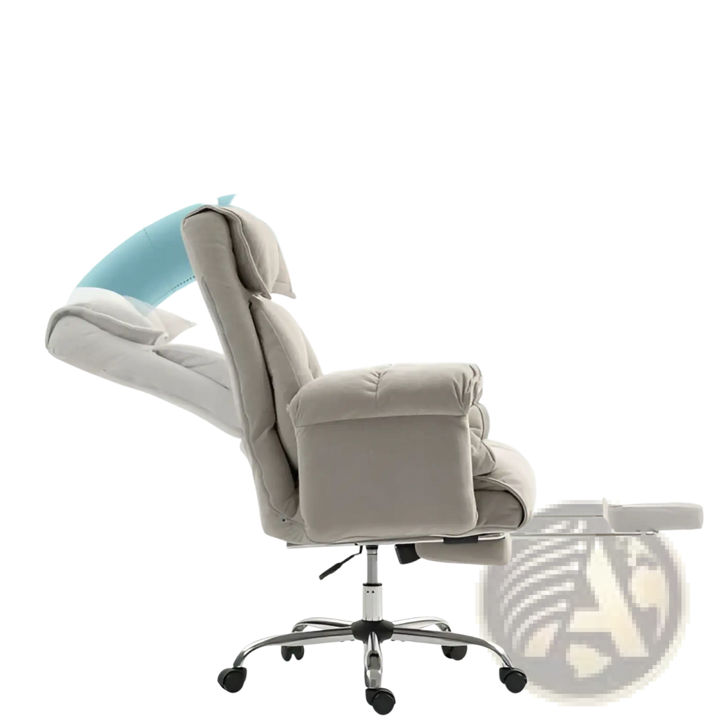Beige massage office chair with padded armrests, footrest, recliner function, and five-wheel base for ergonomic comfort