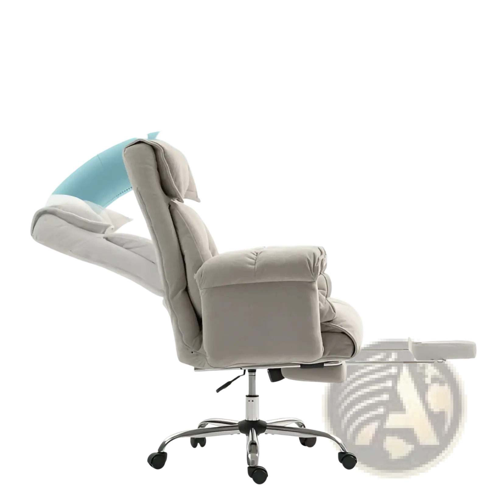 Beige massage office chair with padded armrests, footrest, recliner function, and five-wheel base for ergonomic comfort