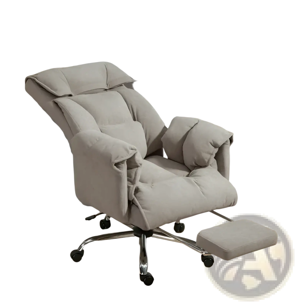 Beige plush massage office chair with adjustable headrest footrest cushioned seat and chrome base with black casters