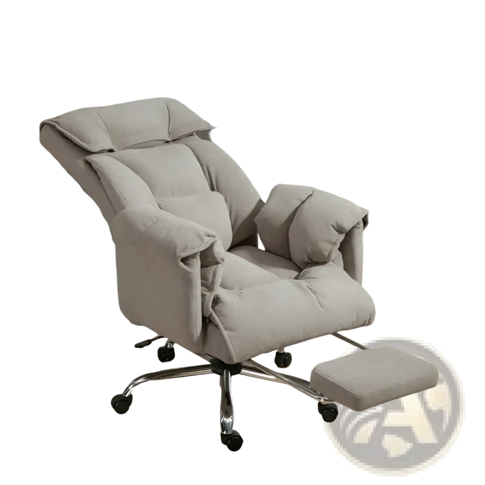 Beige plush massage office chair with adjustable headrest footrest cushioned seat and chrome base with black casters
