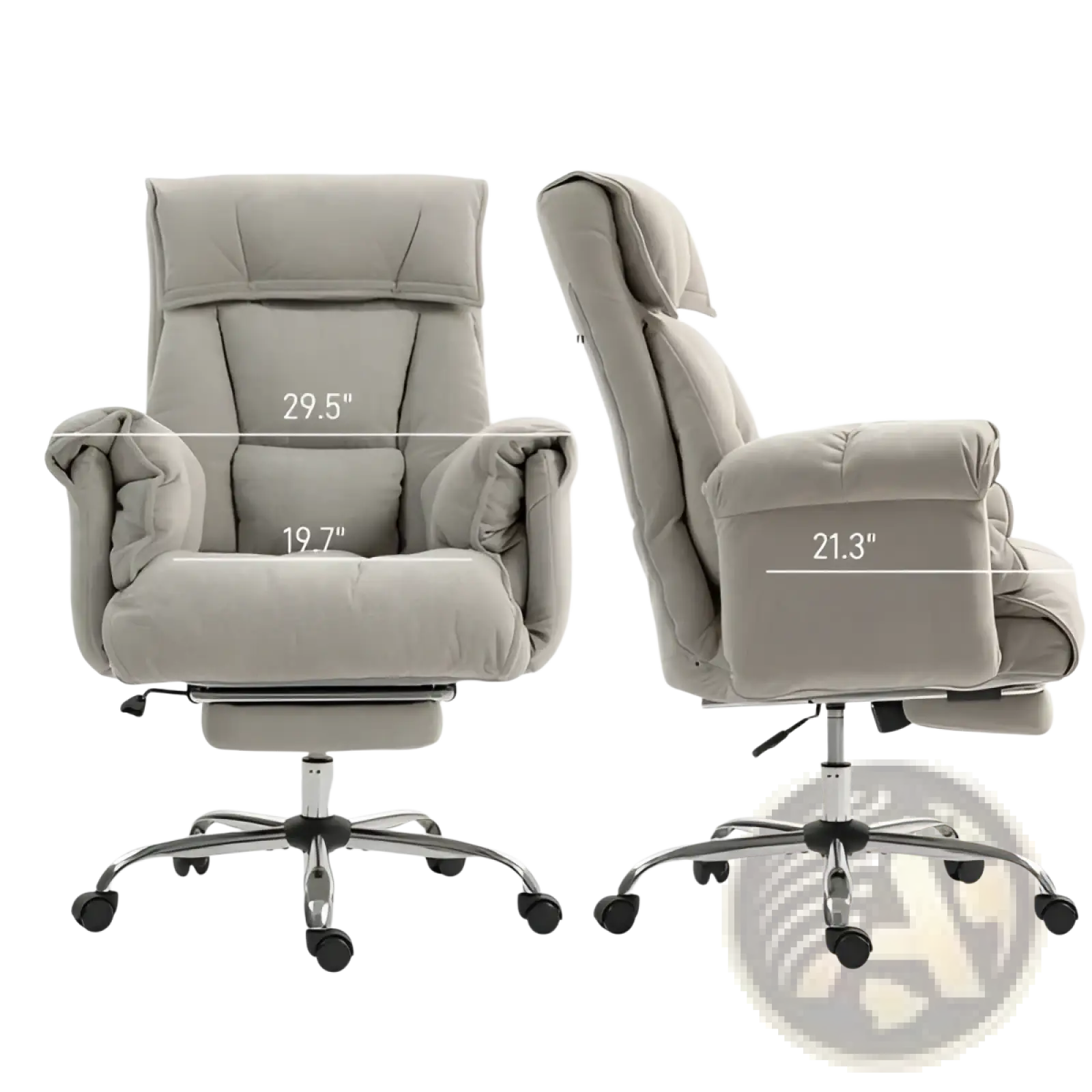 Gray upholstered massage office chair with padded backrest armrests footrest recliner on five-wheel base