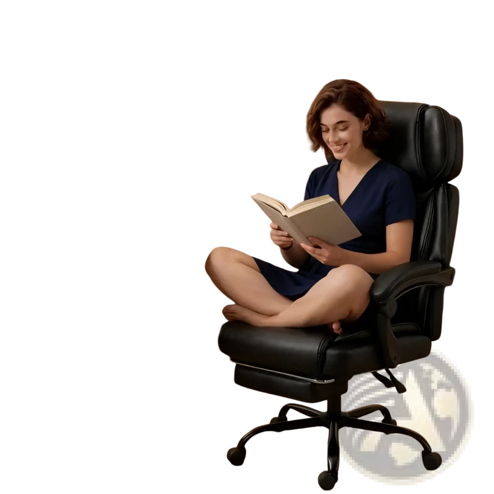 Black leather massage office chair with heat footrest and detachable cushioned seat pad shown from the back side