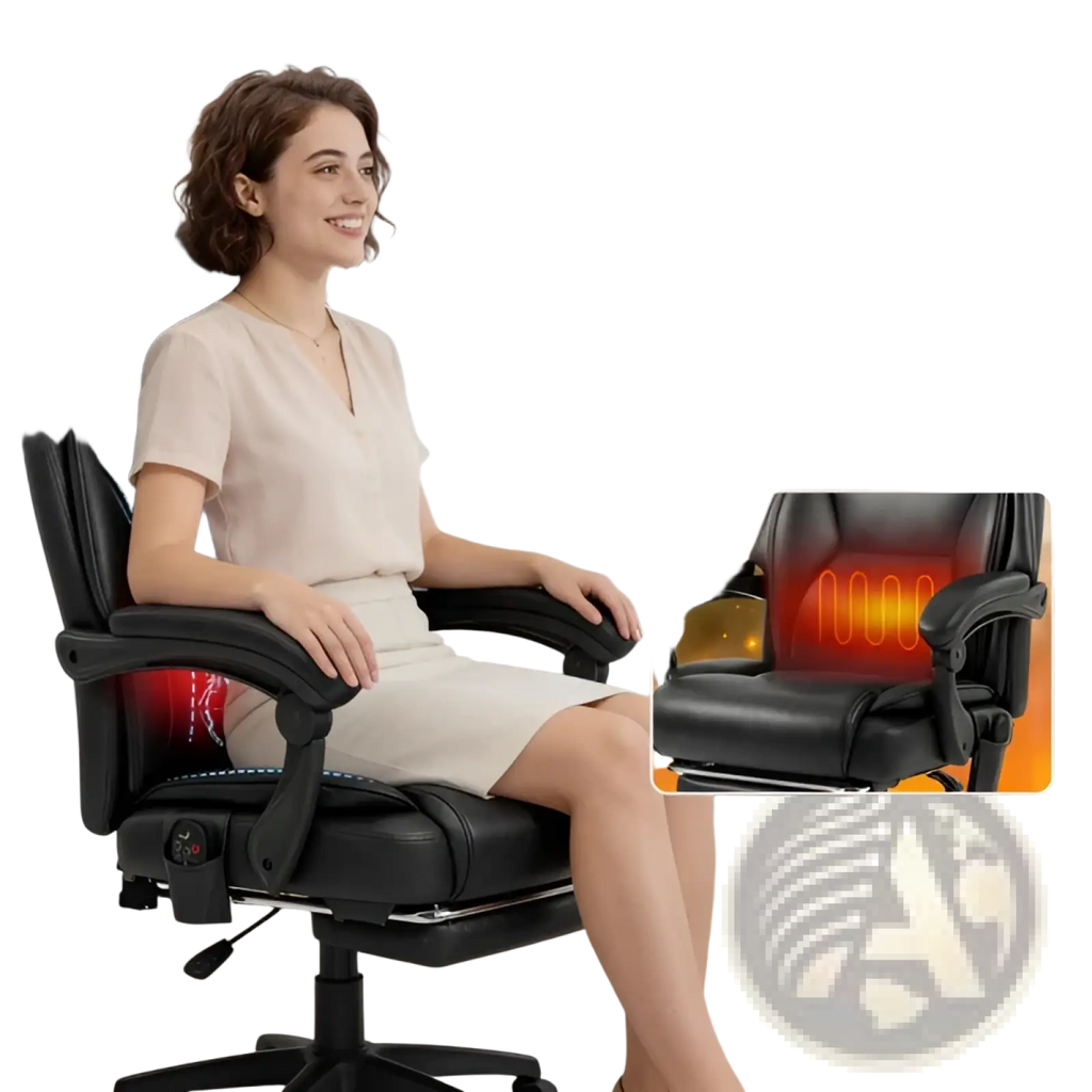 Black leather massage office chair with built-in lumbar heat support and adjustable footrest for ergonomic comfort