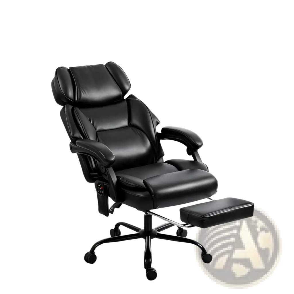 Black leather massage office chair with heat footrest and adjustable armrests for ergonomic comfort