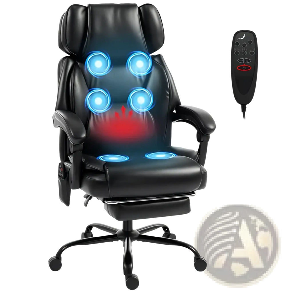 Black leather massage office chair with heat and footrest designed for ergonomic comfort and relaxation