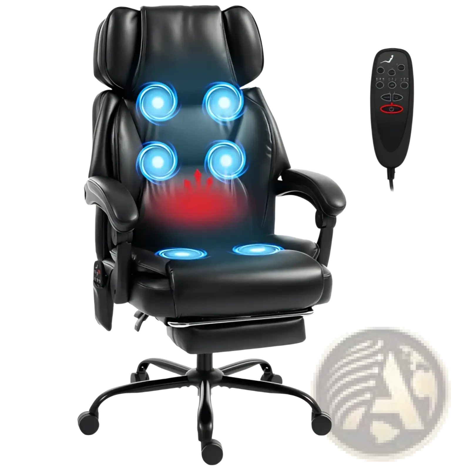 Black leather massage office chair with heat and footrest designed for ergonomic comfort and relaxation