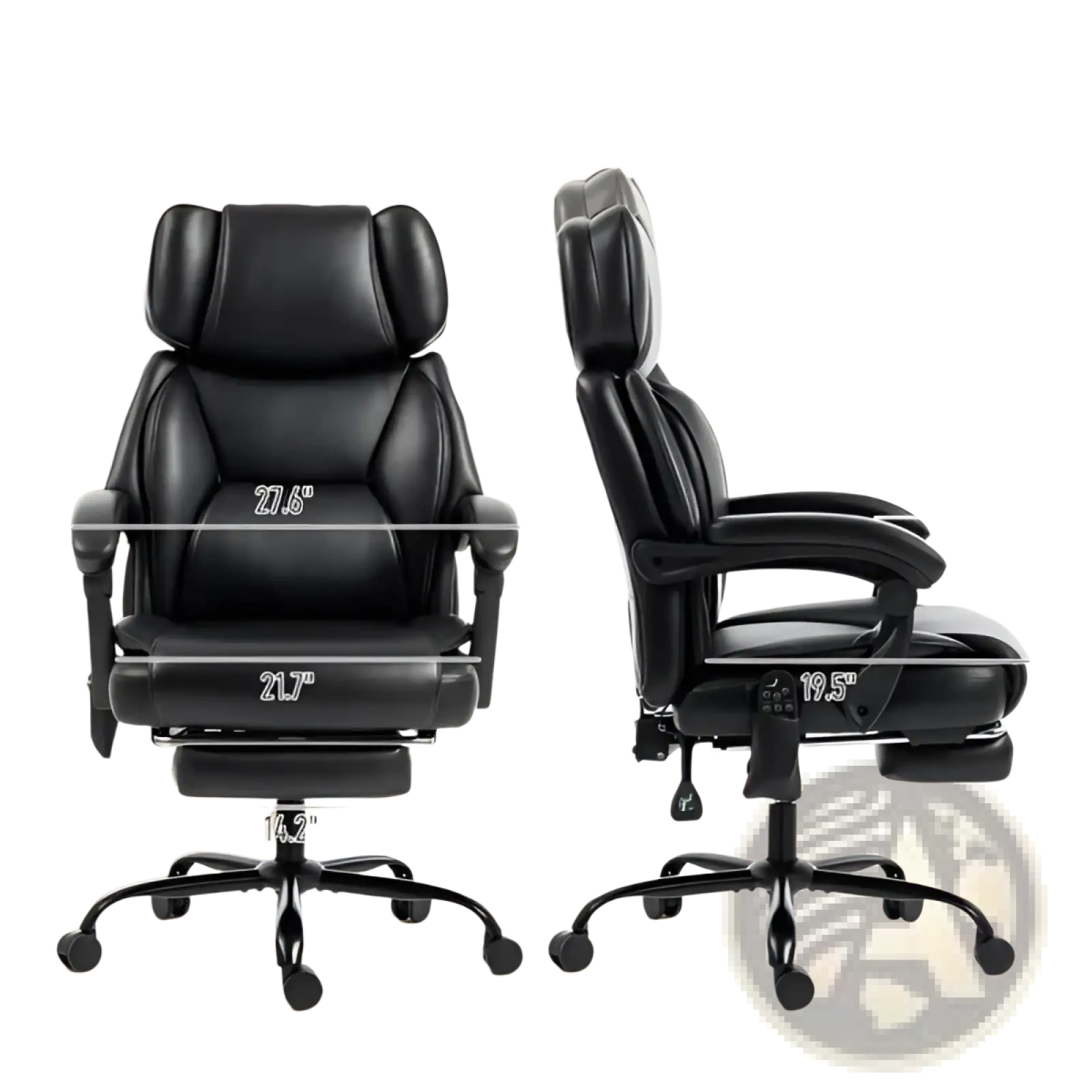 Black leather massage office chair with heat, adjustable features, and footrest for ergonomic comfort