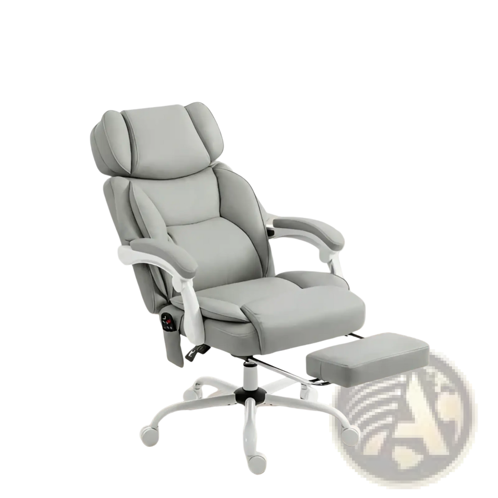 Gray leather massage office chair with heat and adjustable features including a matching retractable footrest