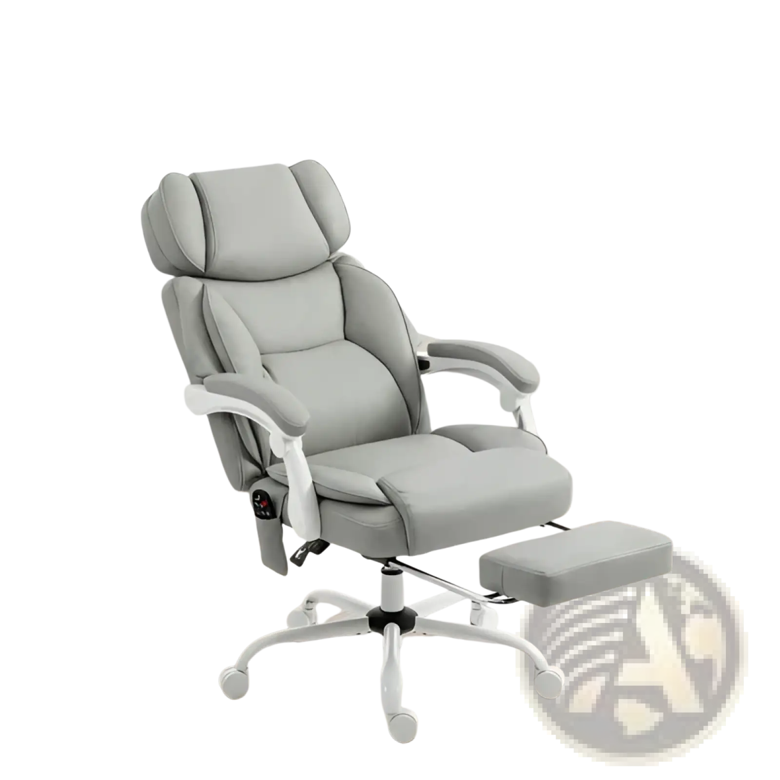 Gray leather massage office chair with heat and adjustable features including a matching retractable footrest