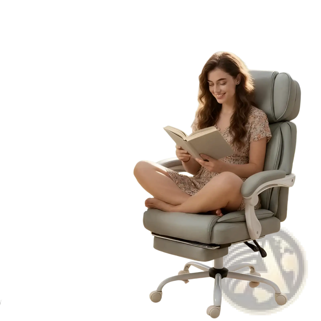 Gray upholstered massage office chair with heat, detachable cushion, thicker seat, and retractable footrest