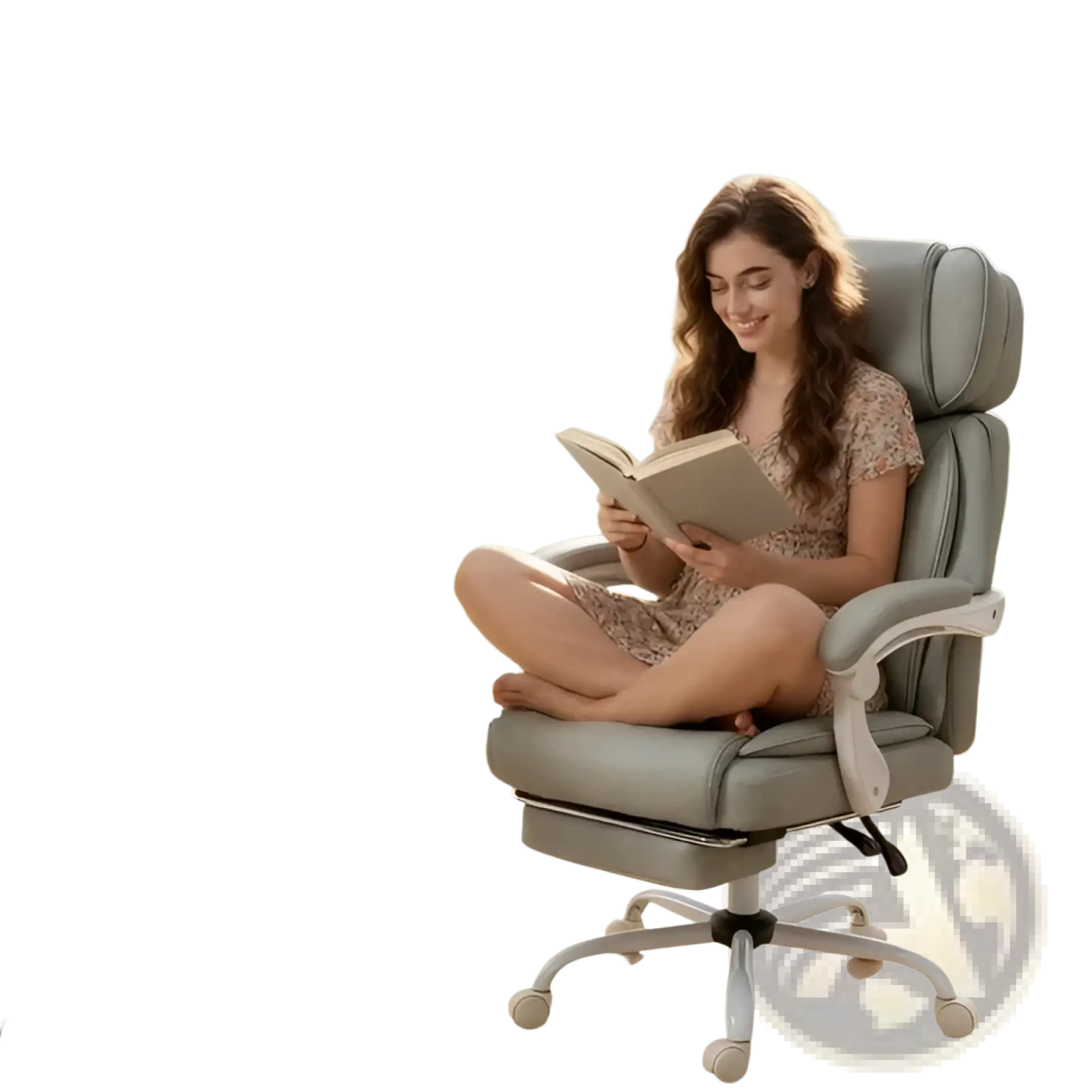 Gray upholstered massage office chair with heat, detachable cushion, thicker seat, and retractable footrest