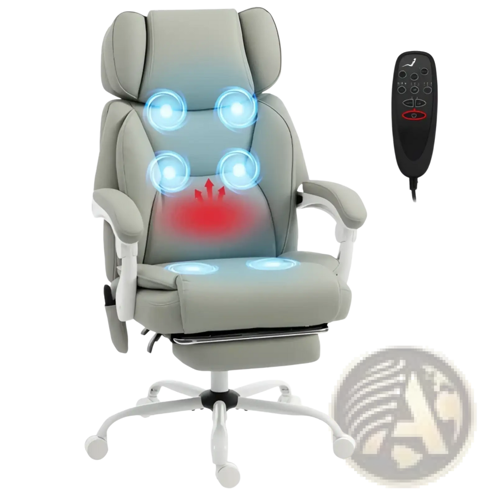 Gray leather massage office chair with heat and illuminated blue and red heating zones and retractable footrest