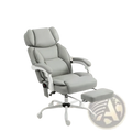 Gray leather massage office chair with heat and adjustable features including a matching retractable footrest