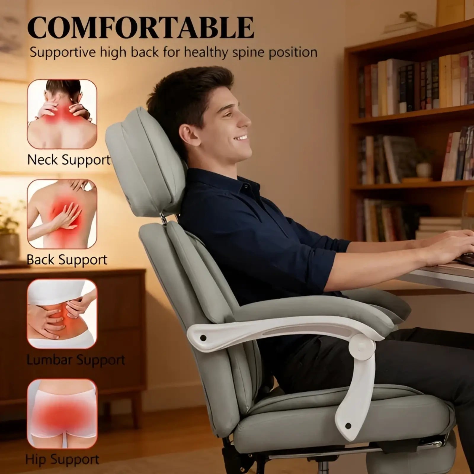 Massage office chair with heat gray upholstered fabric white plastic armrests and high back for ergonomic comfort