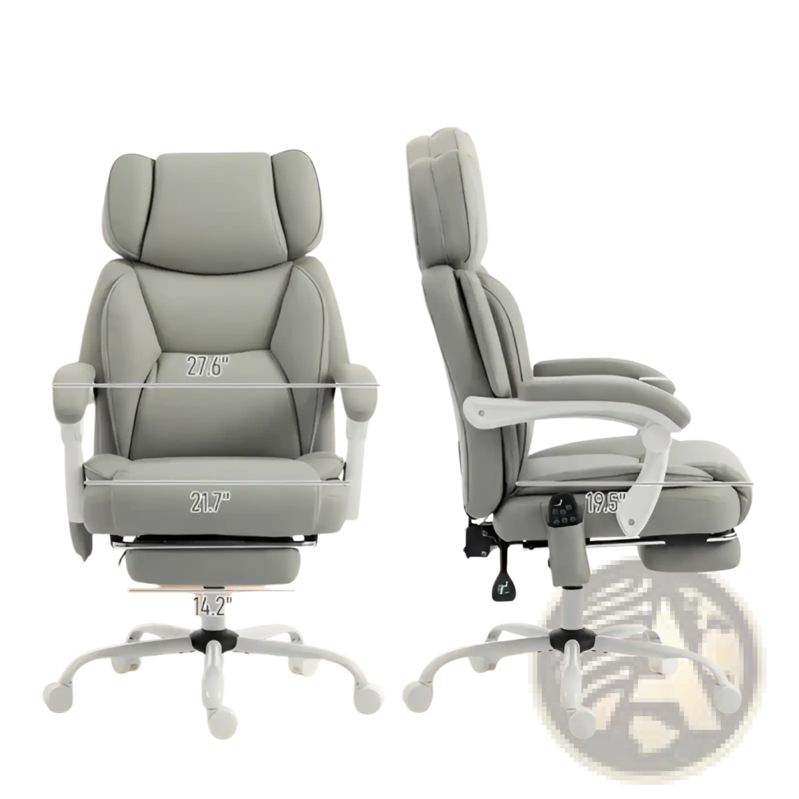 Gray leather massage office chair with white plastic frame heat function and adjustable retractable footrest