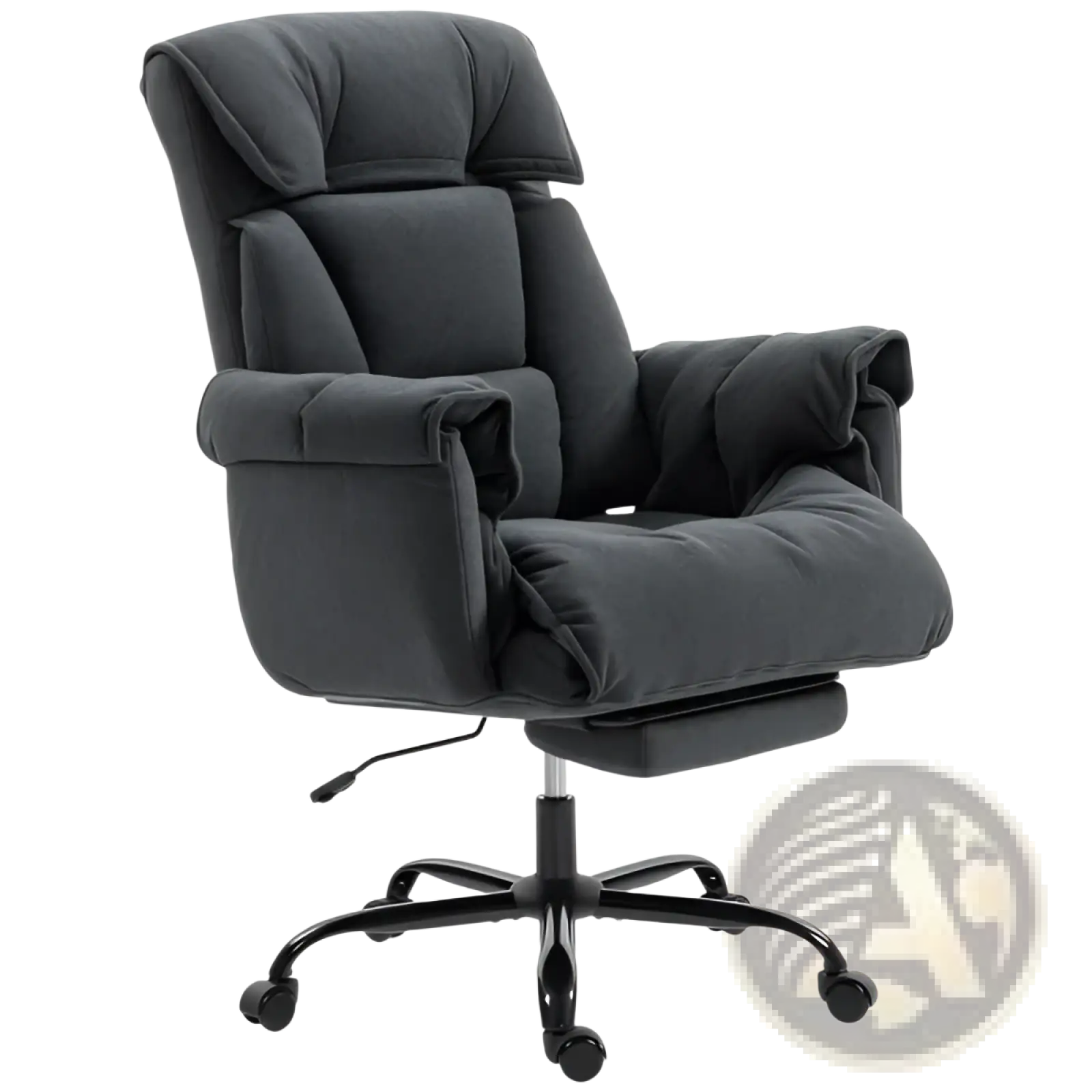 Black upholstered massage office chair with reclining feature padded armrests and footrest for added comfort