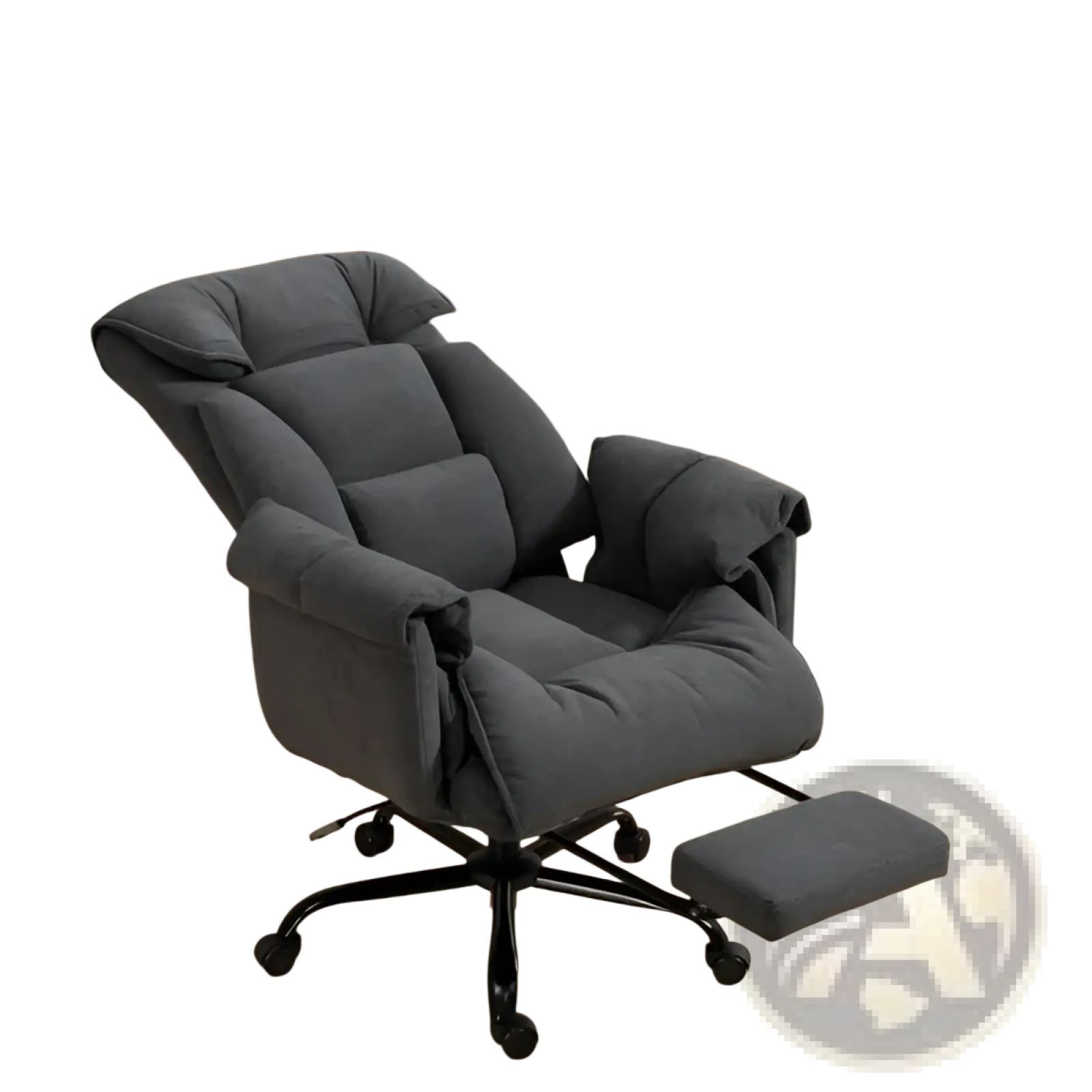 Dark gray plush massage office chair reclining with footrest and black caster wheels for ergonomic use