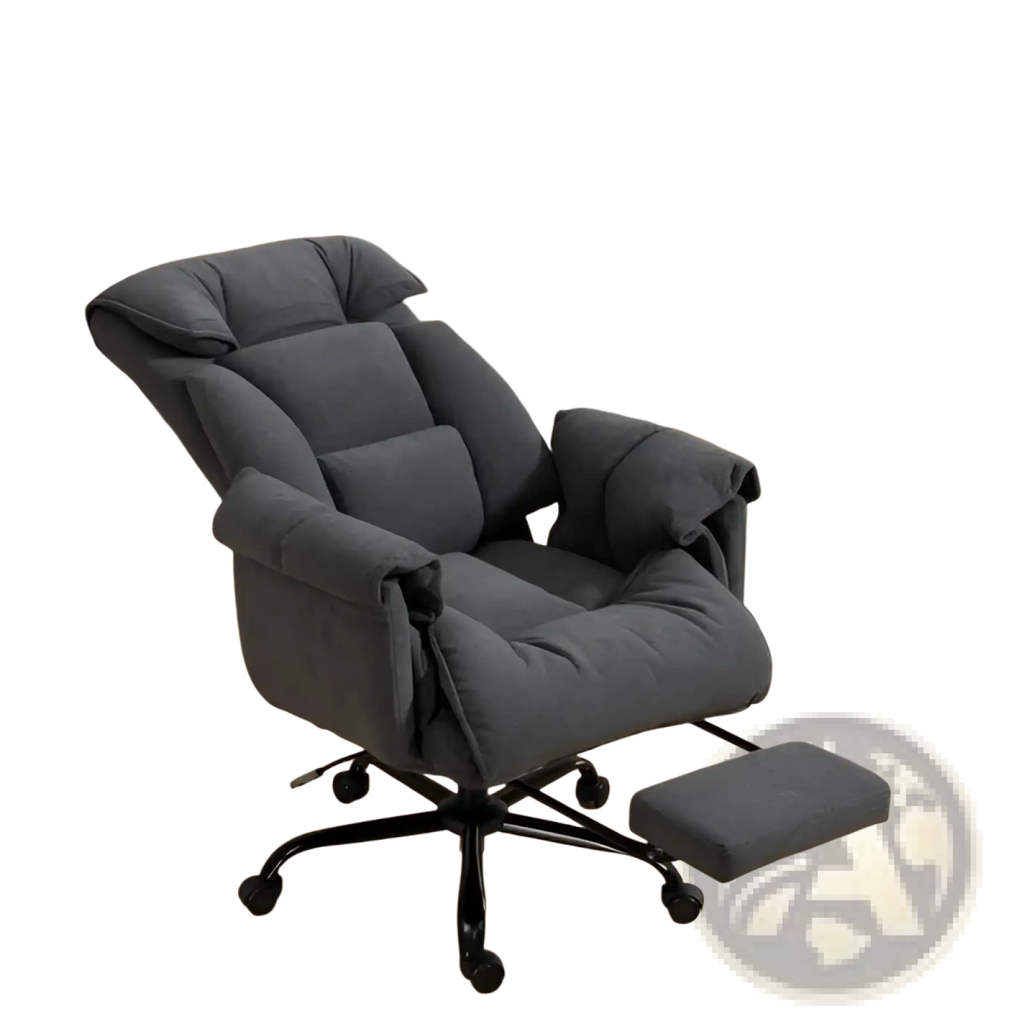 Dark gray plush massage office reclining chair with matching footrest and black caster wheels for comfort and support