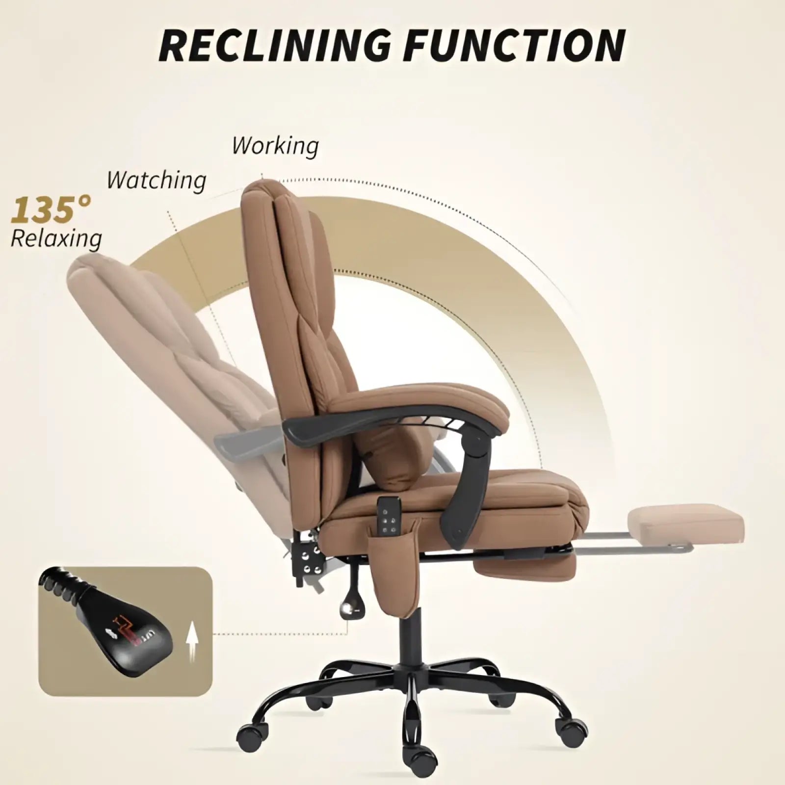 Massage office chair reclining faux leather brown with black armrests and base reclined at a 135-degree angle