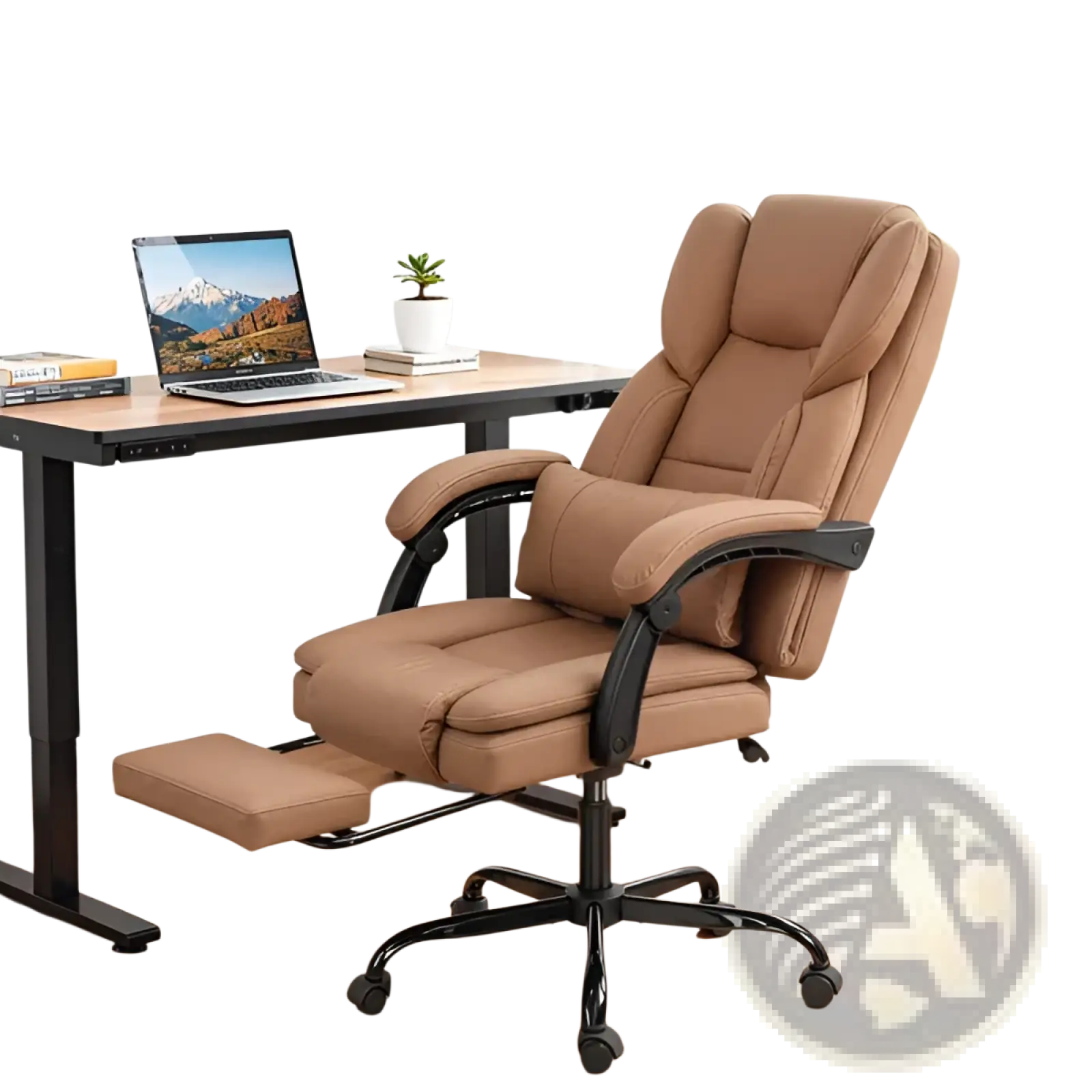 Brown leather massage office chair reclining with black metal frame and casters for ergonomic comfort