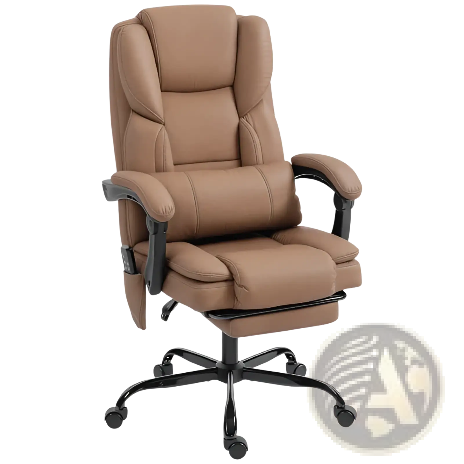 Tan leather massage office chair with reclining feature black metal frame and casters for comfortable seating