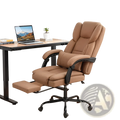 Brown leather massage office chair with reclining feature black metal frame and casters for ergonomic comfort