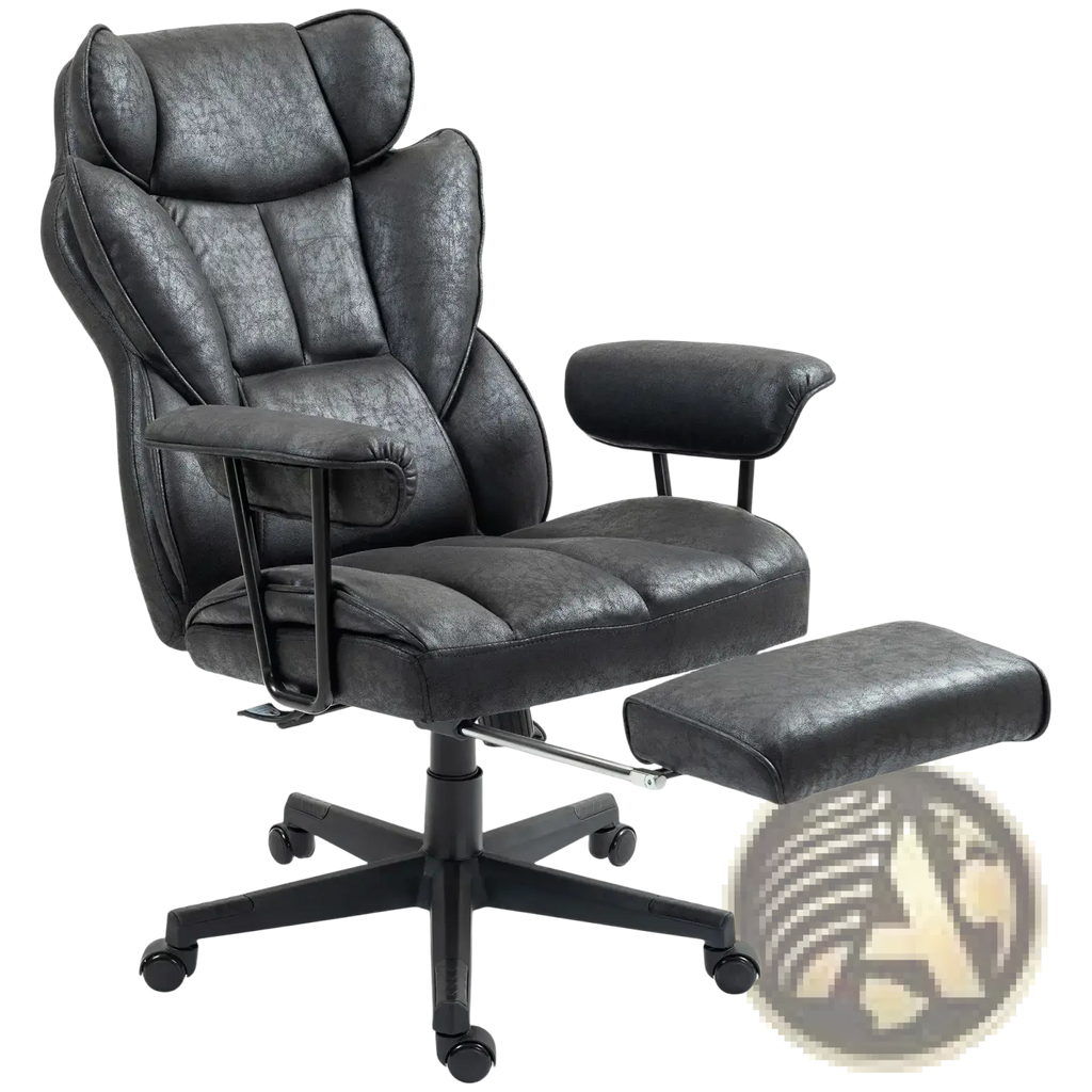 Black leather massage office chair with reclining footrest and adjustable armrests supporting up to 396lbs
